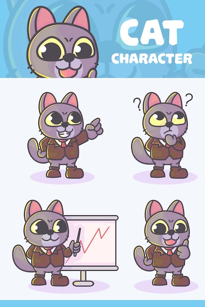 Vector conjunto de lindo personaje de gato de negocios con apprearance opcional. premium kawaii