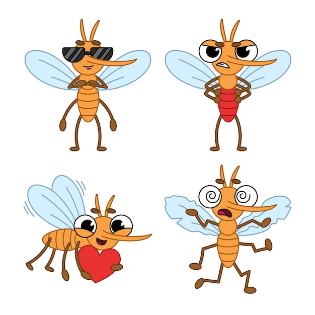 Conjunto de lindo personaje de mosquito de dibujos animados con gafas de sol, sosteniendo el corazón, enojándose