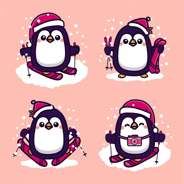Conjunto de lindo pingüino esquiando en invierno. Ilustración de vector de dibujos animados kawaii