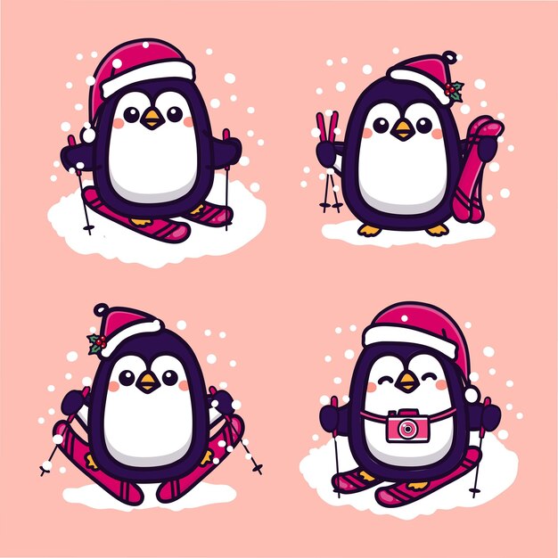 Vector conjunto de lindo pingüino esquiando en invierno. ilustración de vector de dibujos animados kawaii