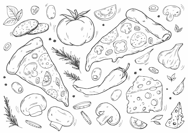 Conjunto lindo de pizza cocina italiana rebanada de pizza caja de pizza satisfecho cocinero amante de la pizza estilo Doodle dibujado a mano genial para el diseño de menús banderas sitios de embalaje