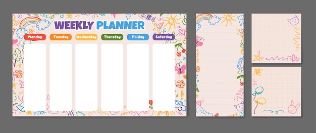 Conjunto lindo de planificador semanal o diario imprimible con lápices de colores lindos garabateos de papel de nota escuela de diseño