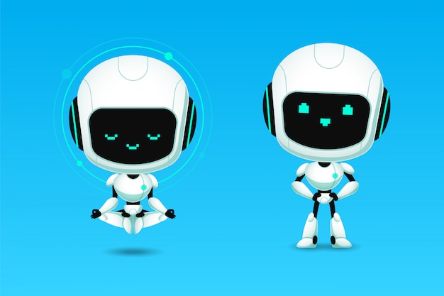 Conjunto de lindo robot ai personaje meditación y acción de confianza