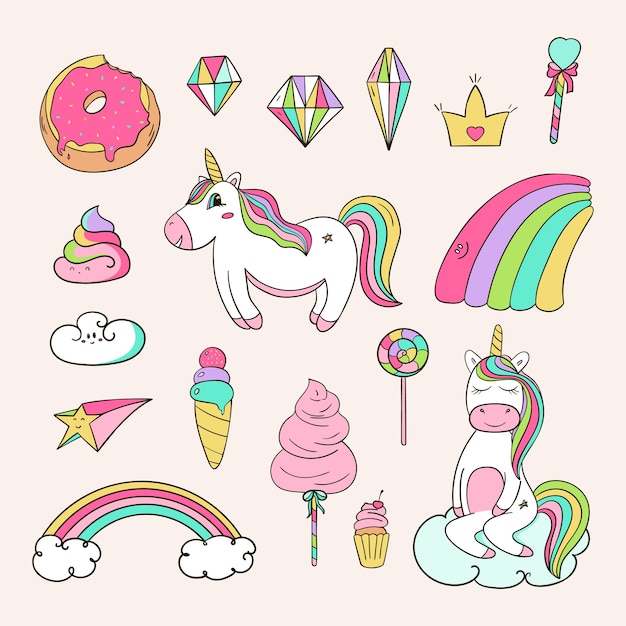 Vector conjunto de lindo unicornio y arcoiris