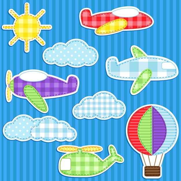 Conjunto, de, lindo, vector, colorido, avión, pegatinas