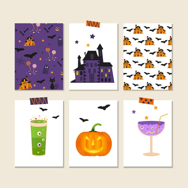 Conjunto de lindo vector Halloween pegatinas de calabaza castillo gato fantasma caramelo murciélago sombrero cócteles Elementos objetos para tarjeta de vacaciones invitación de vacaciones y diseño de fiesta