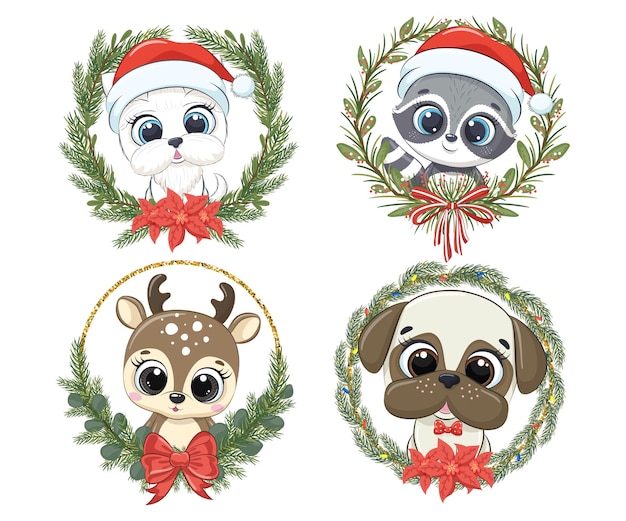 Un conjunto de lindos animales para el Año Nuevo y Navidad. Cachorro, perro, mapache, reno. Ilustración vectorial de una caricatura.