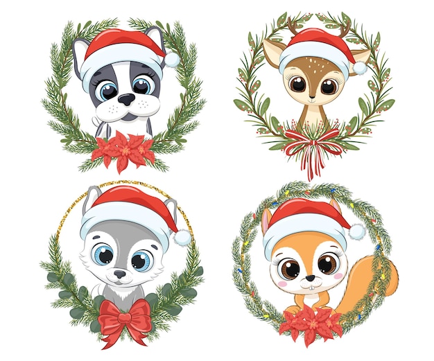 Un conjunto de lindos animales para el Año Nuevo y Navidad. Perro, cachorro, reno, lobo, ardilla. Ilustración vectorial de una caricatura.