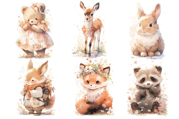 Vector conjunto de lindos animales del bosque bebé oso ardilla mapache zorro liebre y ciervo ilustración dibujos aislados a mano perfecto para póster de guardería