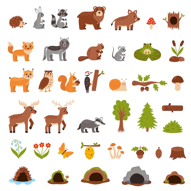 Vector conjunto de lindos animales del bosque en estilo de dibujos animados