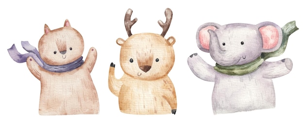 Conjunto de lindos animales del bosque, ilustración dibujada a mano, impresión, diseño para niños