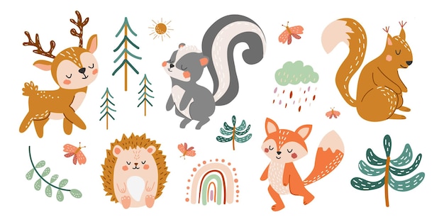 Conjunto de lindos animales del bosque Ilustración vectorial dibujada a mano Cartel de fondo para niños