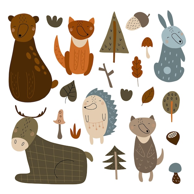 Conjunto de lindos animales del bosque liebre oso zorro erizo ciervos y regalos de la naturaleza Ilustración vectorial aislado sobre fondo blanco en colores cálidos