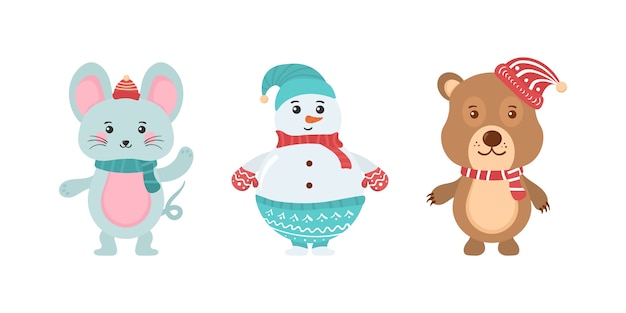 Conjunto de lindos animales del bosque navideño. colección de personajes de dibujos animados lindo aislado sobre fondo blanco. conjunto de elementos de navidad y año nuevo con animales.