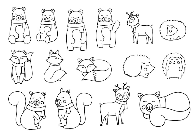 Conjunto de lindos animales de contorno negro vector Animal del bosque