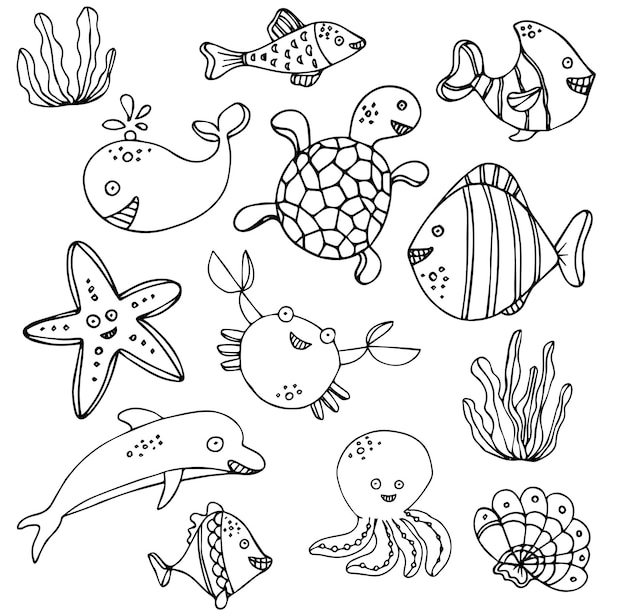 Vector conjunto de lindos animales marinos en estilo doodle