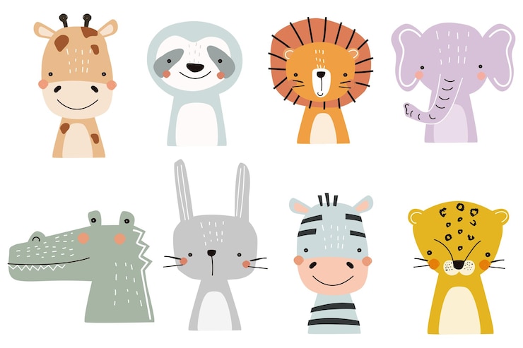 Conjunto con lindos animales salvajes elefante cocodrilo leopardo jirafa perezoso elefante Vector