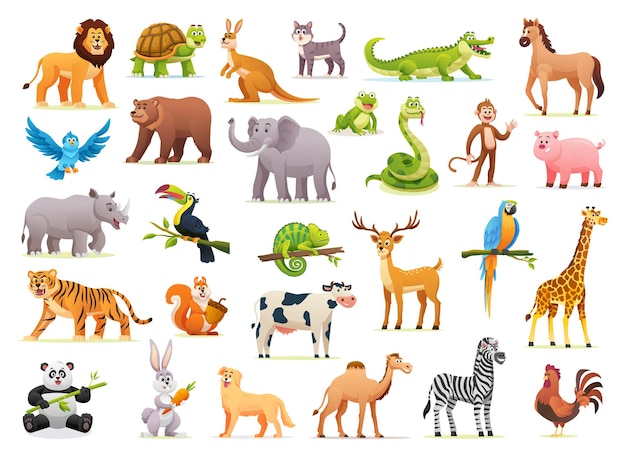 Vector conjunto de lindos animales salvajes en estilo de dibujos animados