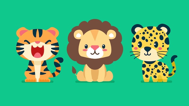 Conjunto de lindos animales salvajes León tigre leopardo Safari selva animales plano vector ilustración