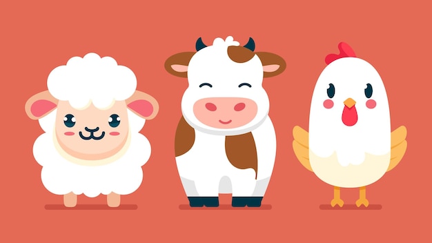 Conjunto de lindos animales salvajes pollo vaca oveja Safari selva animales plano vector ilustración