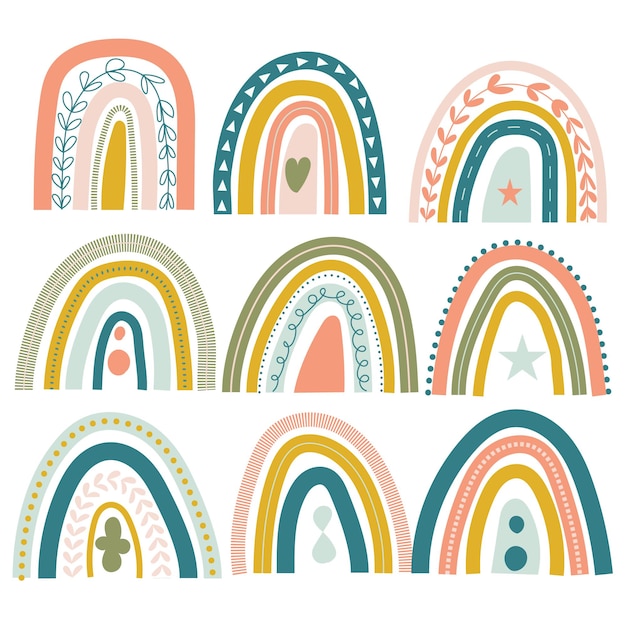 Conjunto de lindos arco iris boho en un estilo simple