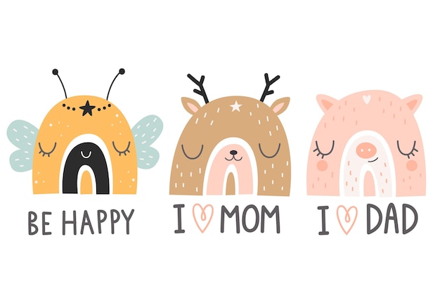 Un conjunto de lindos arcoíris con caras de animales y letras. ilustración vectorial