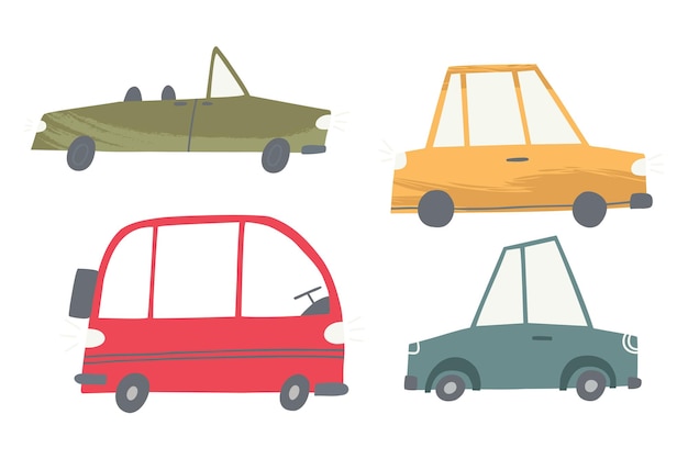 Conjunto con lindos autos dibujados en un estilo plano autos con texturas ilustración vectorial aislado sobre fondo blanco