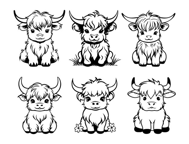 Vector conjunto de lindos bebés de vacas de las tierras altas