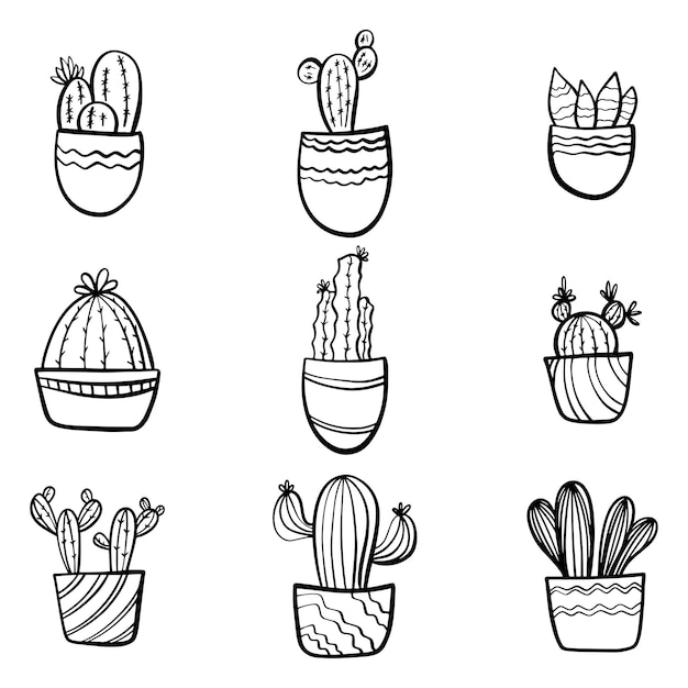 Conjunto de lindos cactus vectoriales dibujados a mano en las macetas simplere vector dibujado a mano ilustración plan de casa