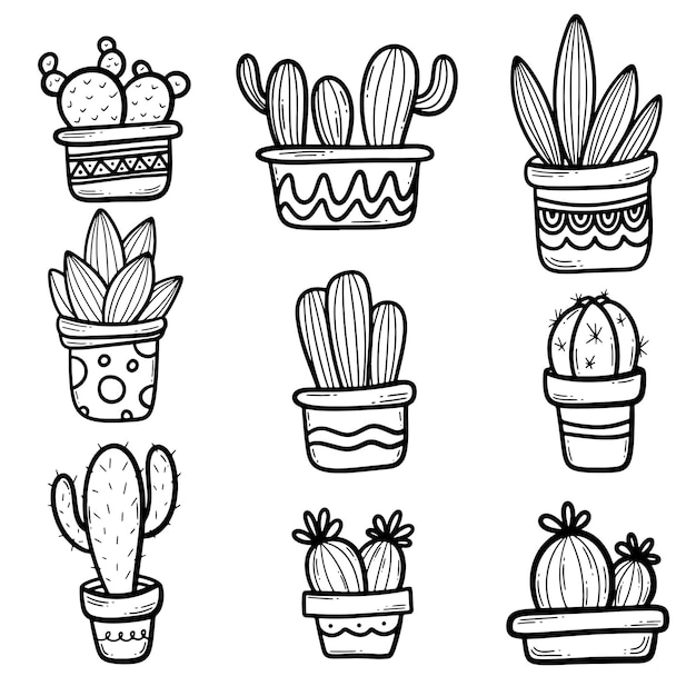 Conjunto de lindos cactus vectoriales dibujados a mano en las macetas simplere vector dibujado a mano ilustración plantas caseras