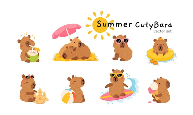 Conjunto de lindos capybaras de verano en varias poses y artículos dibujados a mano en estilo plano de dibujos animados plantilla estacional de vacaciones para la colección de niños de diseño
