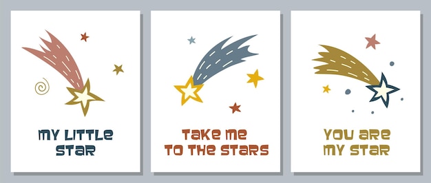 Conjunto de lindos carteles con estrellas fugaces y letras.