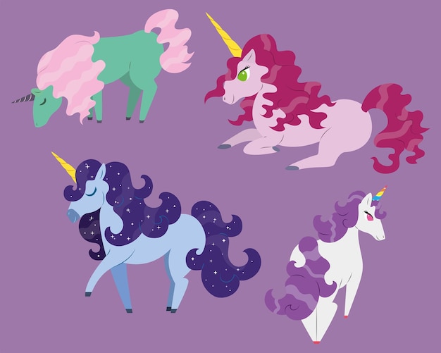 conjunto de lindos coloridos posando unicornios ilustración vectorial