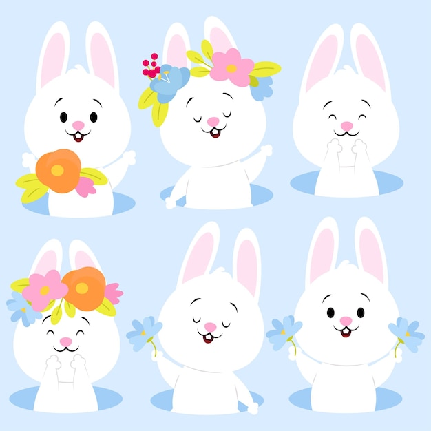 Vector conjunto de lindos conejitos blancos de pascua que asoman de un visón decorado con composiciones con flores