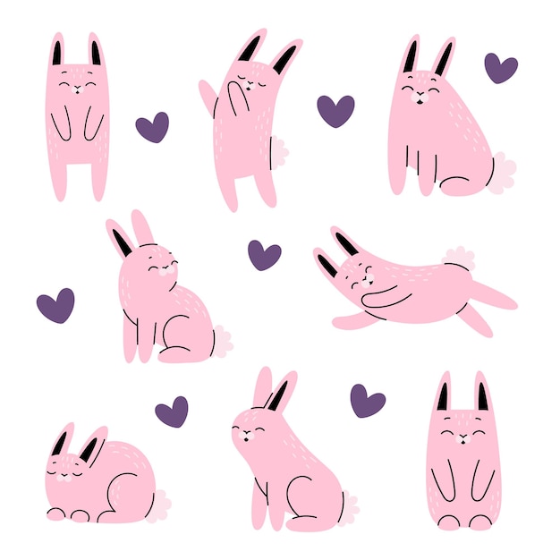 Conjunto de lindos conejitos de Pascua rosa Animales de granja animales del bosque Personajes de vacaciones divertidos Ilustración linda de vector dibujado a mano