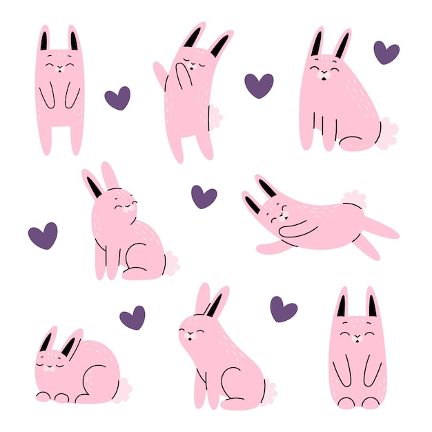 Conjunto de lindos conejitos de Pascua rosa Animales de granja animales del bosque Personajes de vacaciones divertidos Ilustración linda de vector dibujado a mano