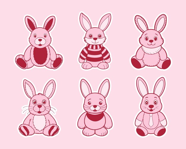 Conjunto de lindos conejitos de peluche en diferentes poses Colección de juguetes de peluque rosados Ilustración