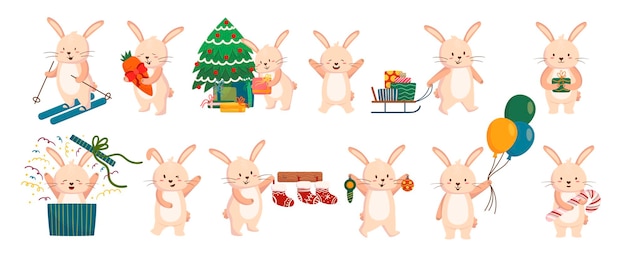 Conjunto de lindos conejos de Navidad Dibujos animados Año nuevo Conejito Divertidos personajes de animales de Navidad con caja de regalo Bastón de caramelo de zanahoria