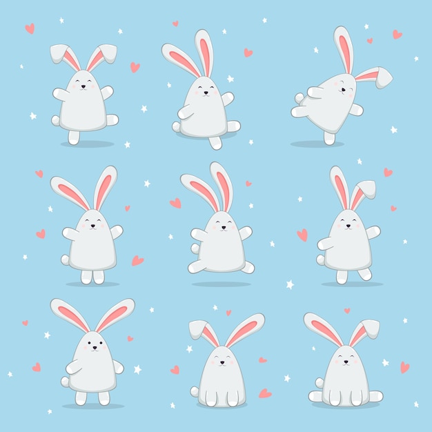 Conjunto de lindos conejos de Pascua con corazones y estrellas sobre fondo azul. Colección de conejito feliz para Pascua o día de San Valentín, ilustración.