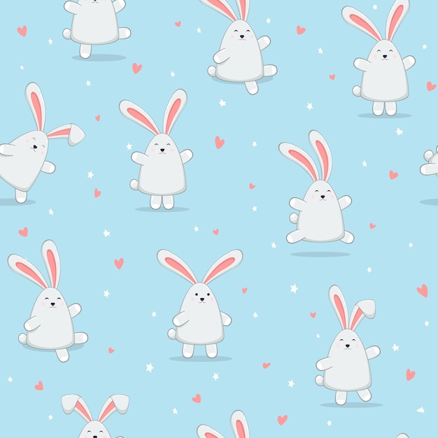 Conjunto de lindos conejos de Pascua con corazones y estrellas sobre fondo azul. Fondo transparente con conejito feliz para Pascua o Día de San Valentín, ilustración.