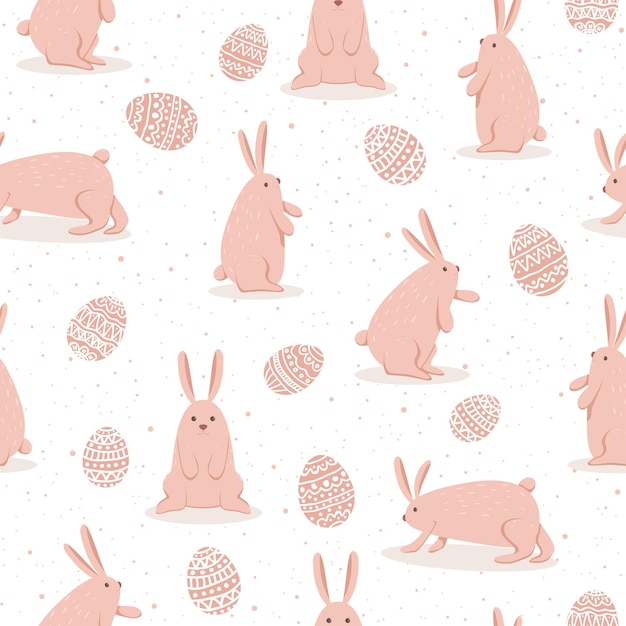 Conjunto de lindos conejos de Pascua con huevos sobre fondo blanco. Patrón sin costuras con conejito rosa feliz para Pascua, ilustración.