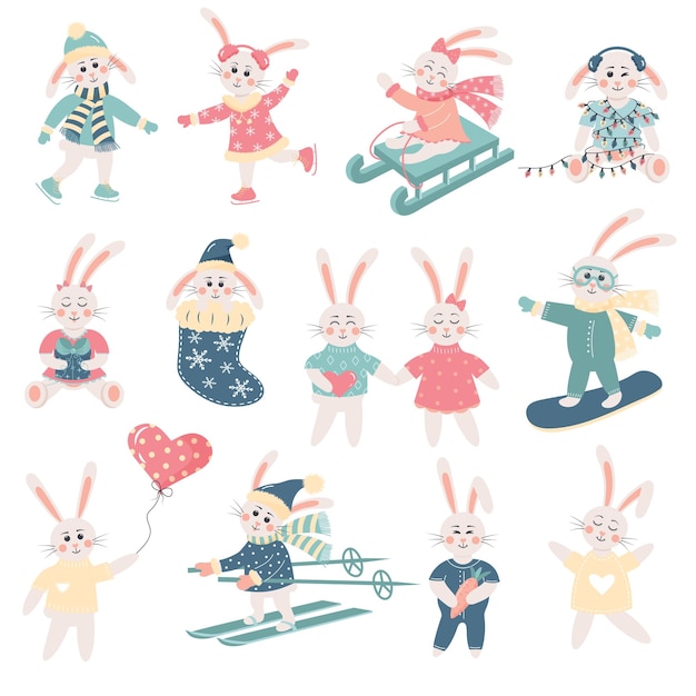 Conjunto de lindos conejos Símbolo chino del nuevo año 2023 Personaje de dibujos animados de vacaciones de animales