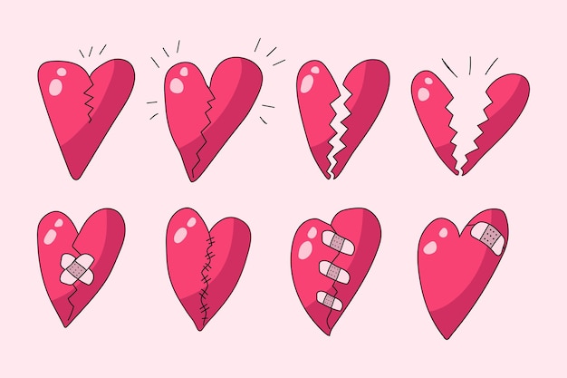 Conjunto de lindos corazones rotos aislados en fondo rosa