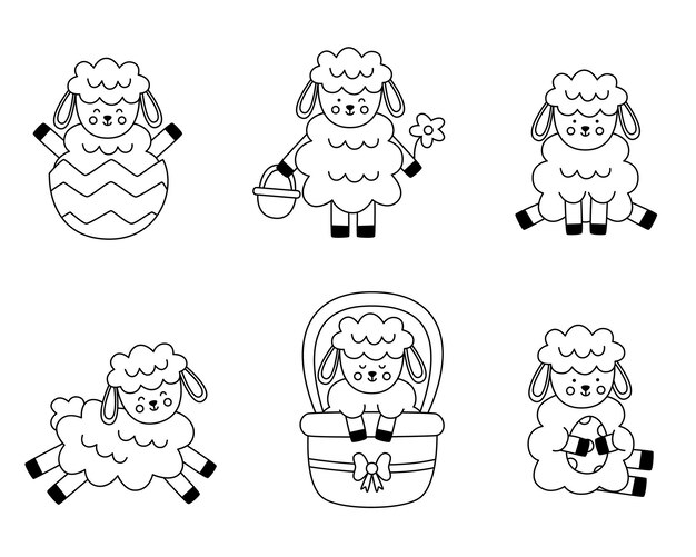 Conjunto de lindos corderos blancos y negros de Pascua en estilo de dibujos animados sobre fondo blanco