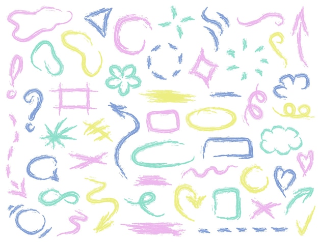 Conjunto de lindos cuadros de dibujo lineal pastel ovales cuadrados flechas marcas de verificación cruces subrayados