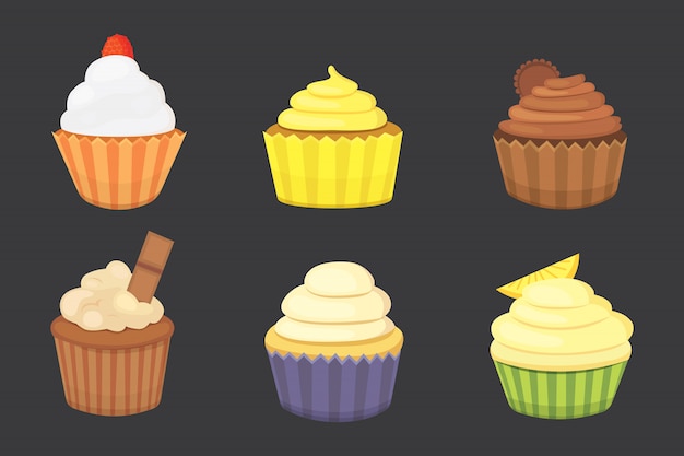 Vector conjunto de lindos cupcakes y muffins. cupcake colorido para cartel de comida.