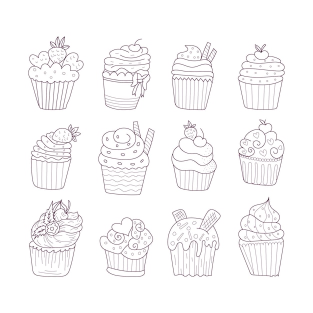 Conjunto de lindos cupcakes vectoriales e icono de yogur en estilo garabato