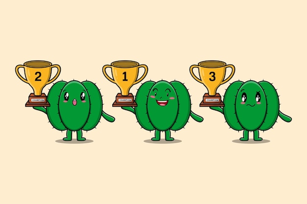Conjunto de lindos dibujos animados Cactus sosteniendo trofeo con expresión feliz en diseño de estilo moderno 3d