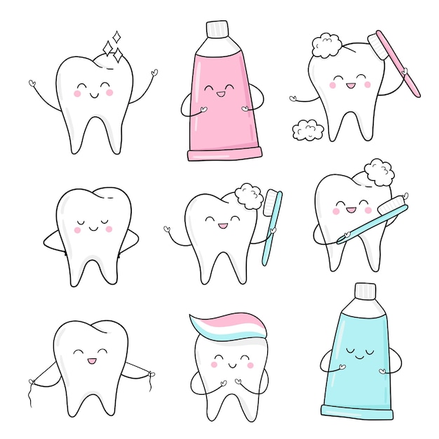 Conjunto de lindos dientes. Dientes, cepillo de dientes, pasta de dientes al estilo de las caricaturas. Linda ilustración dental