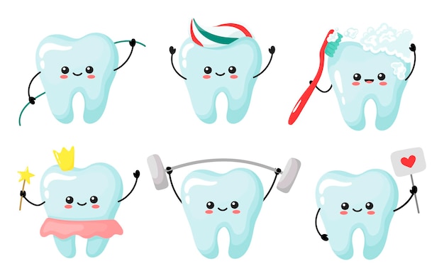 Conjunto de lindos dientes kawaii. cuidado de las muescas. ilustración vectorial en estilo de dibujos animados.